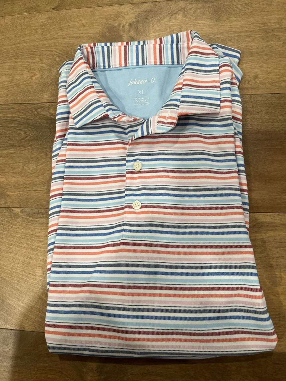 johnnie-O Striped Polo in Light Blue, Coral, Navy, White